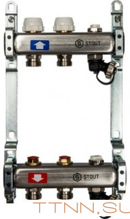 Коллектор с запорными клапанами STOUT SMS-0932-000002; с клапаном выпуска воздуха и сливом Коллектор с запорными клапанами STOUT SMS-0932-000002; с клапаном выпуска воздуха и сливом
