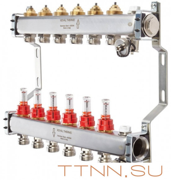Для отопления Royal Thermo 1" ВР-3/4" НР, 2 выхода с расходомерами, нерж. (RTE 52.102)