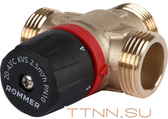 Смесительный клапан Rommer 1" НР 20-43°С KV 2,5 (RVM-0231-254325) боковое смешивание