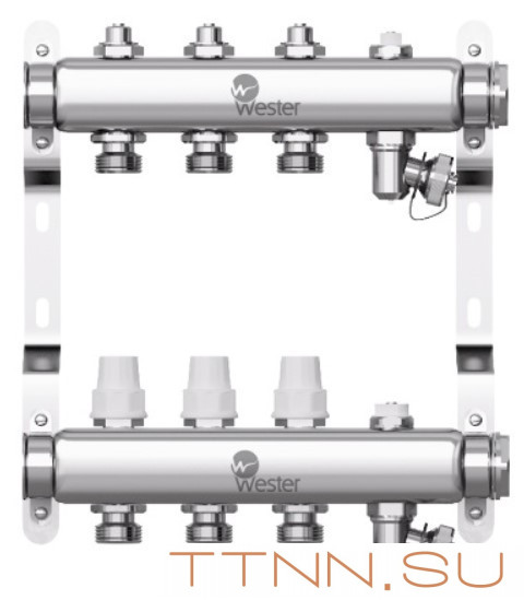 Коллектор нерж. для отопления Wester 1"-3/4 в сборе на 3 выхода с 2 заглушками Коллектор нерж. для отопления Wester 1"-3/4 в сборе на 3 выхода с 2 заглушками