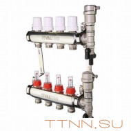 Коллекторная группа VALTEC VTc.589.EMNX.0609 1" х 3/4" на 9 выходов из нерж.стали c термостатическими клапанами и расходомерами